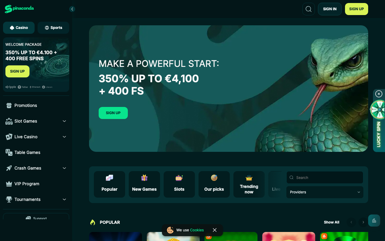 Spinaconda Casino forside