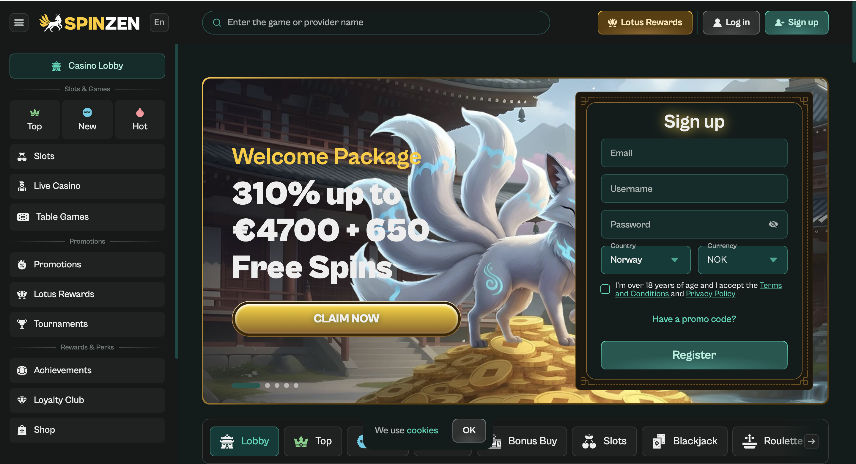 Spinzen Casino forside